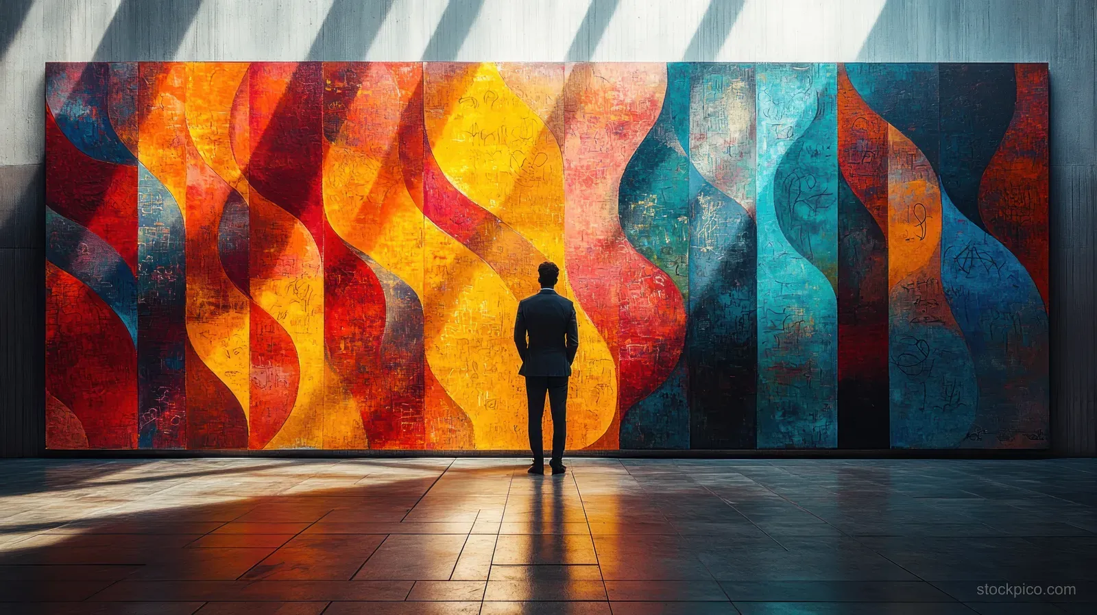 Silhouetted businessman walks down a long corridor toward a colorful mural wall in dramatic perspective.