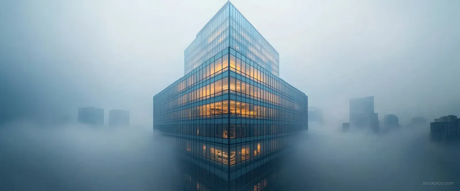 A glass office tower glows with warm lights as dense fog obscures a distant city skyline.
