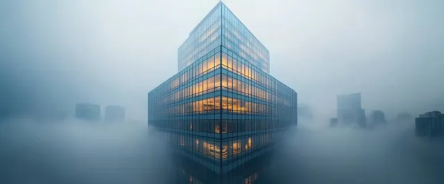 A glass office tower glows with warm lights as dense fog obscures a distant city skyline.