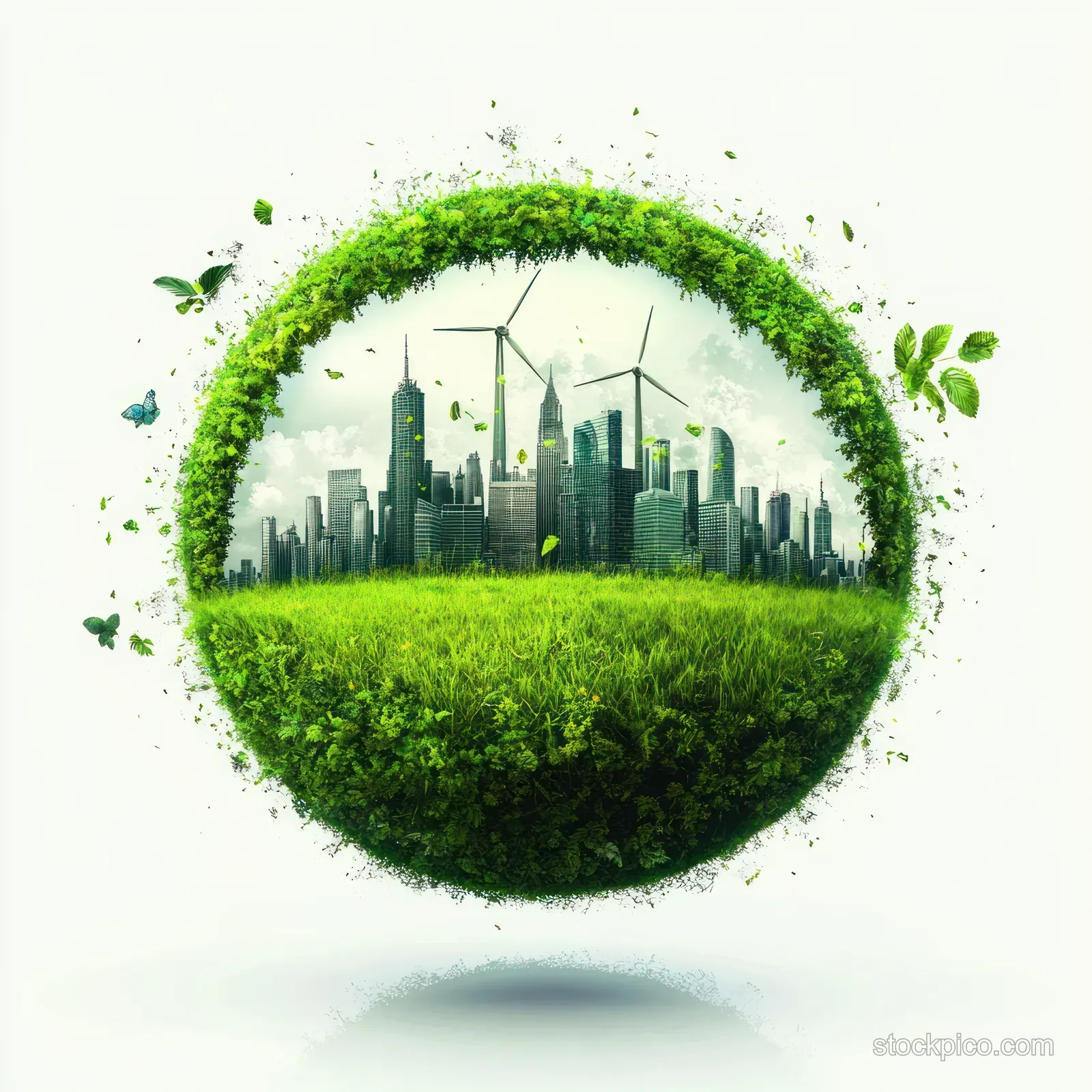 A green sphere wraps a city skyline with wind turbines, grass, leaves, and butterflies symbolizing clean energy.