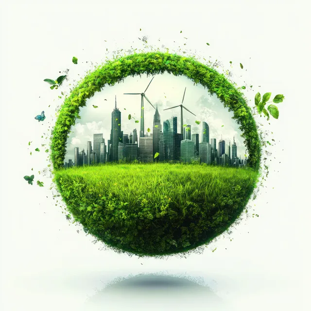 A green sphere wraps a city skyline with wind turbines, grass, leaves, and butterflies symbolizing clean energy.