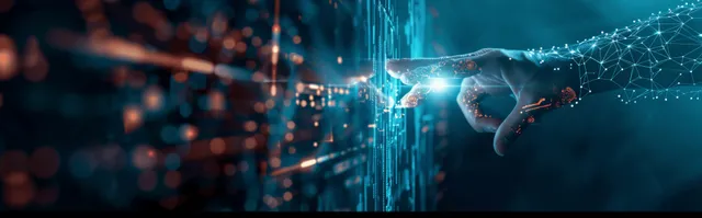 A hand reaches toward a holographic AI interface surrounded by connected data nodes and cyber security symbols.