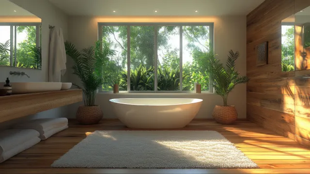 Sunlit Scandinavian bathroom shows a white freestanding bathtub with warm wooden paneling, large windows, and folded towels.