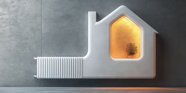 A house-shaped wall radiator with a warm glowing window illuminates a potted plant on a textured gray wall.