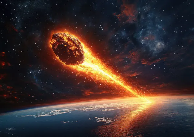 Burning asteroid on collision path streaks toward Earth’s horizon with fiery atmospheric glow