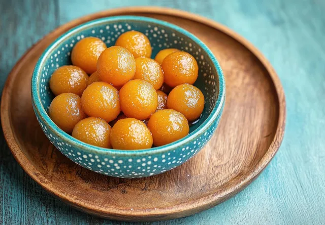 Glossy orange round sweets are arranged in a patterned blue bowl on a rustic wooden plate against a teal textured background.