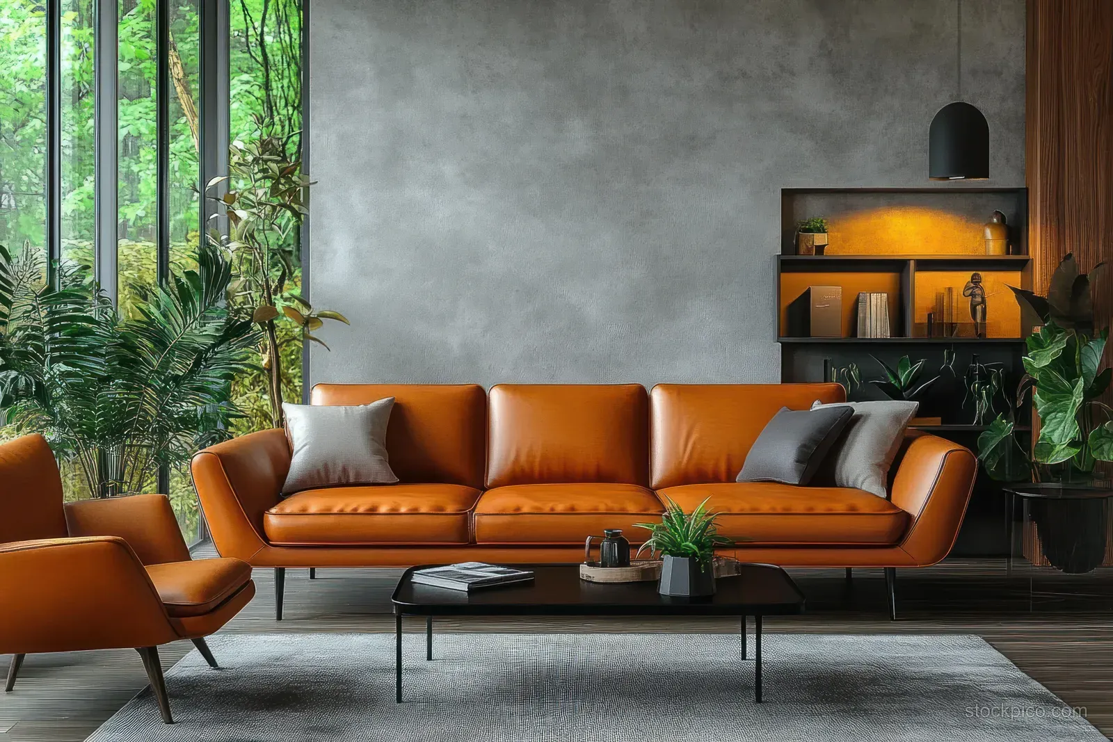 Sunlit mid-century living room with an orange leather sofa, black coffee table, and potted plants near a concrete wall.
