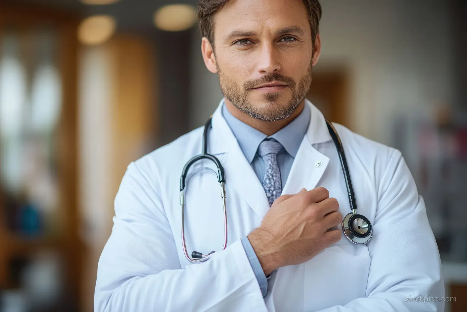 Confident male doctor in a white coat holds a stethoscope while facing the camera in an indoor clinic corridor.