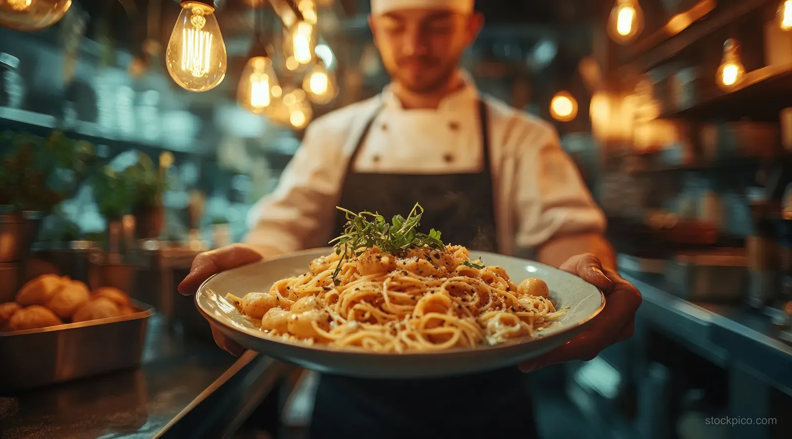 A chef presents a plated pasta dish on a tray under warm Edison bulb lights in a dim restaurant.