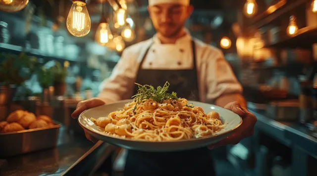 A chef presents a plated pasta dish on a tray under warm Edison bulb lights in a dim restaurant.