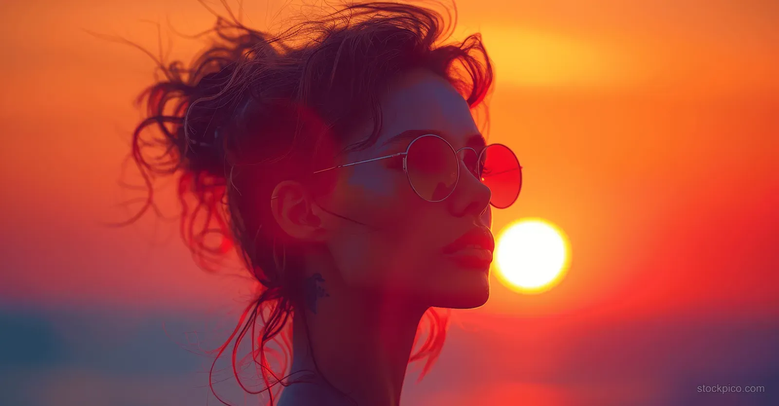Silhouetted woman in sunglasses against a glowing orange-red eclipse sky.