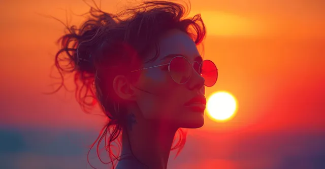 Woman Silhouette Wearing Sunglasses Against Orange Eclipse Glow