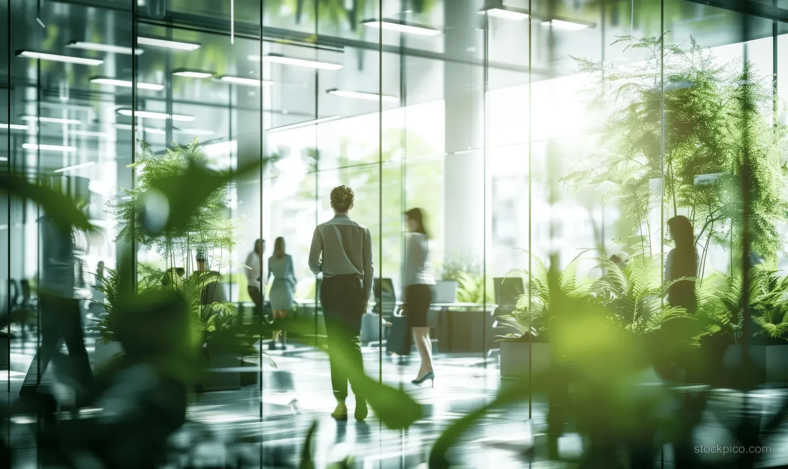 People walk through a glass office atrium surrounded by indoor plants and bright natural light.