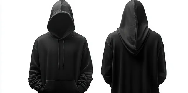 Front and back views of a black hooded sweatshirt with hands tucked into front pockets on a plain white background.