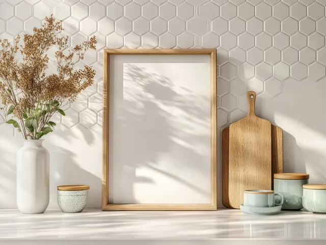 Minimalist kitchen counter with hexagonal white tile wall, wooden framed artwork, flower vase, and small ceramic jars in sunlight.