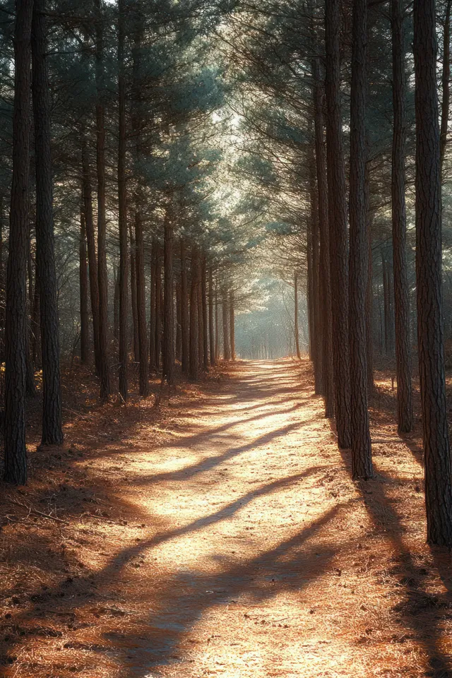 Golden-hour light illuminates a straight pine-lined forest path with long shadows across the woodland floor.