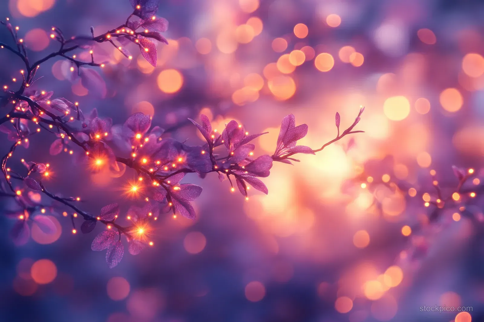A flowering branch silhouette with glowing bokeh lights and warm gold purple light-leak haze in the background.