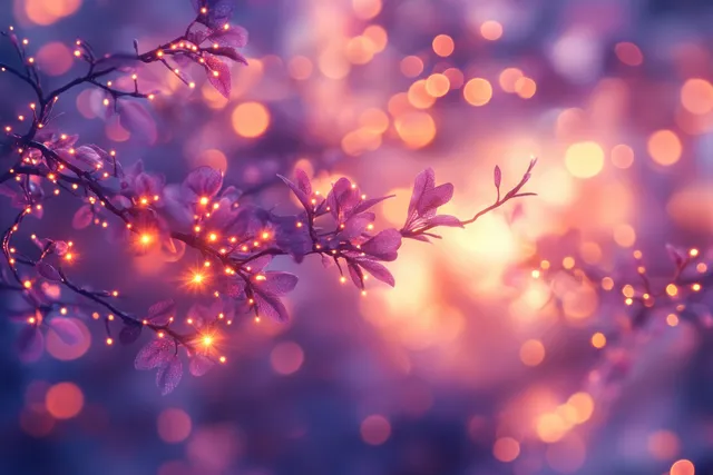 Blooming branch with glowing bokeh lights and warm gold purple glow haze