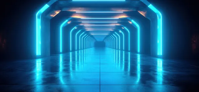 Neon blue cyberpunk tunnel corridor with glowing ceiling lines and reflective floor