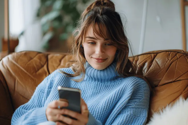 A woman in a blue sweater uses her smartphone while sitting on a brown leather sofa at home.