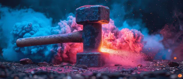 A sledgehammer erupts in blue and pink powder clouds over a rough ground surface.