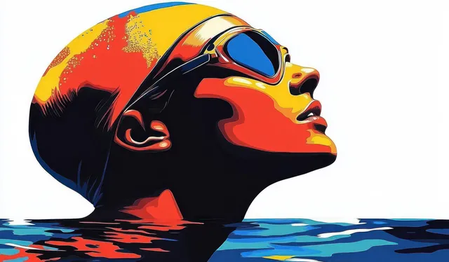 Swimmer side profile emerging from water wearing goggles and cap, bold vibrant splash