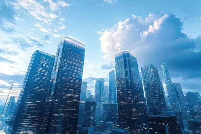 Futuristic glass skyscrapers glowing at blue-hour skyline beneath drifting clouds