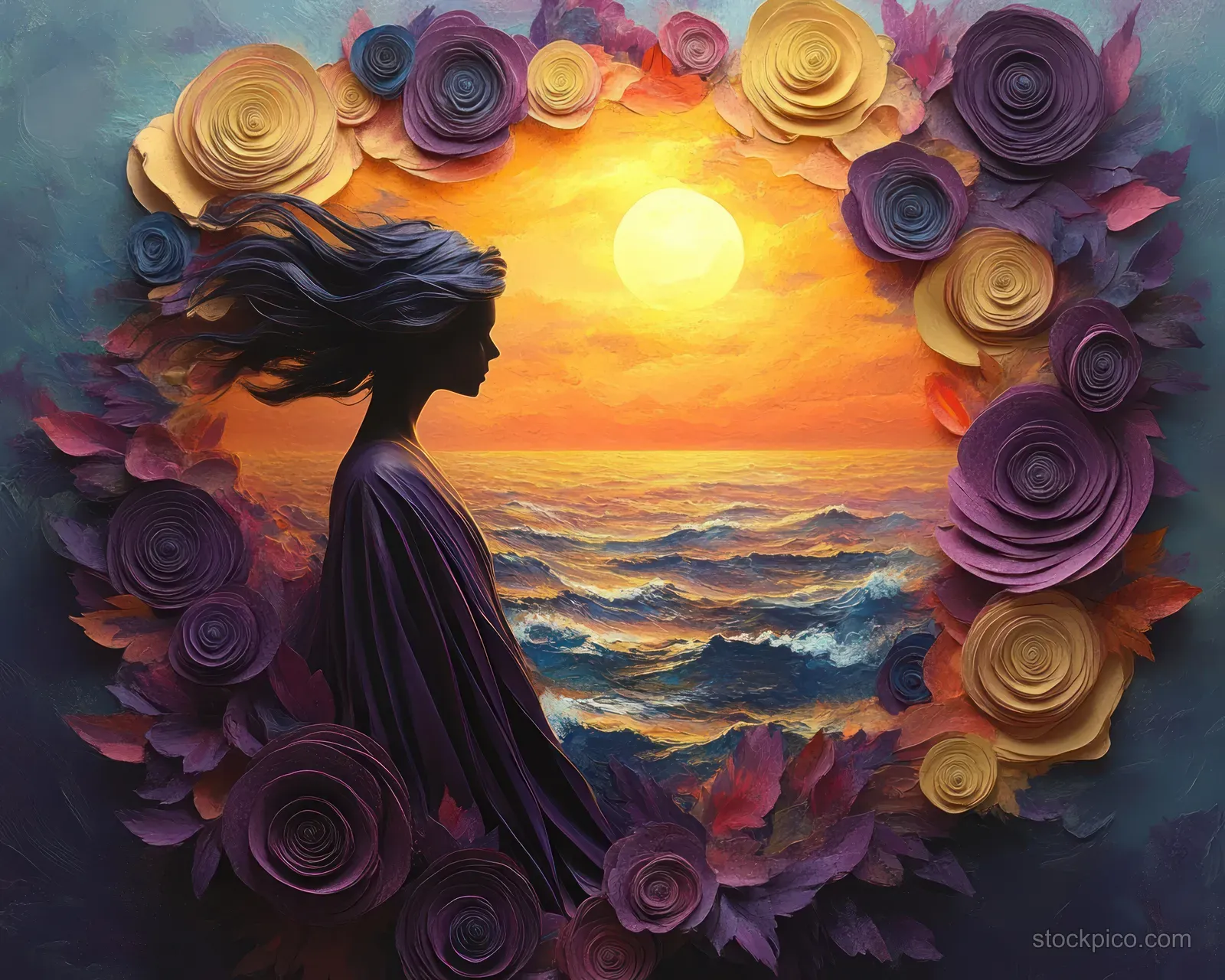 Silhouette of a woman with flowing hair framed by purple and yellow roses, staring at a bright sunset over turbulent ocean waves.