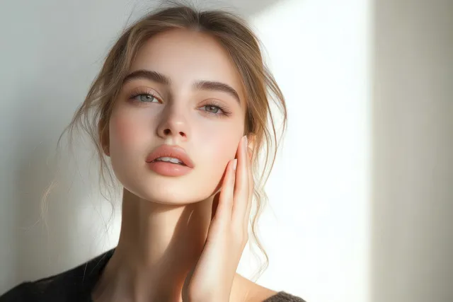 Young woman touching her face in soft studio light