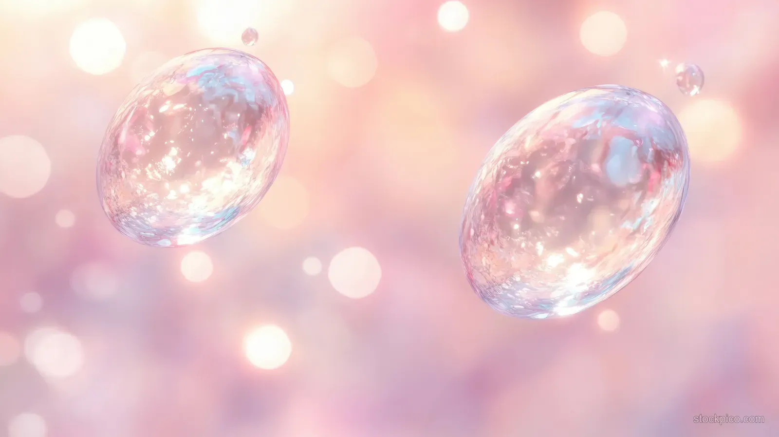 Two translucent water bubbles floating over a pastel pink bokeh background with soft glowing reflections.