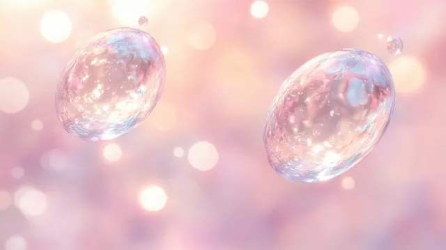 Two translucent water bubbles drifting through pastel pink bokeh with soft glowing reflections