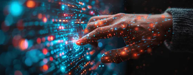 Gloved hand extends toward a glowing AI hologram amid floating cyber network data lights.