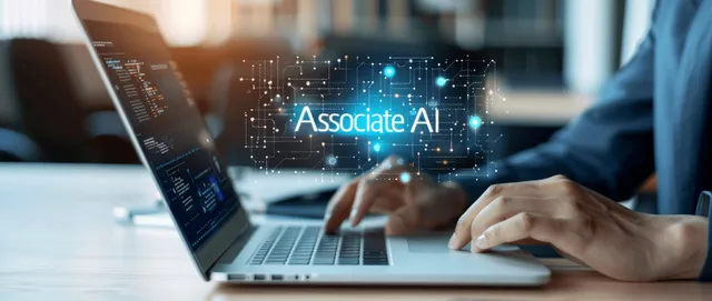 A man types on a laptop with a glowing holographic Associate AI interface overlaying the screen.