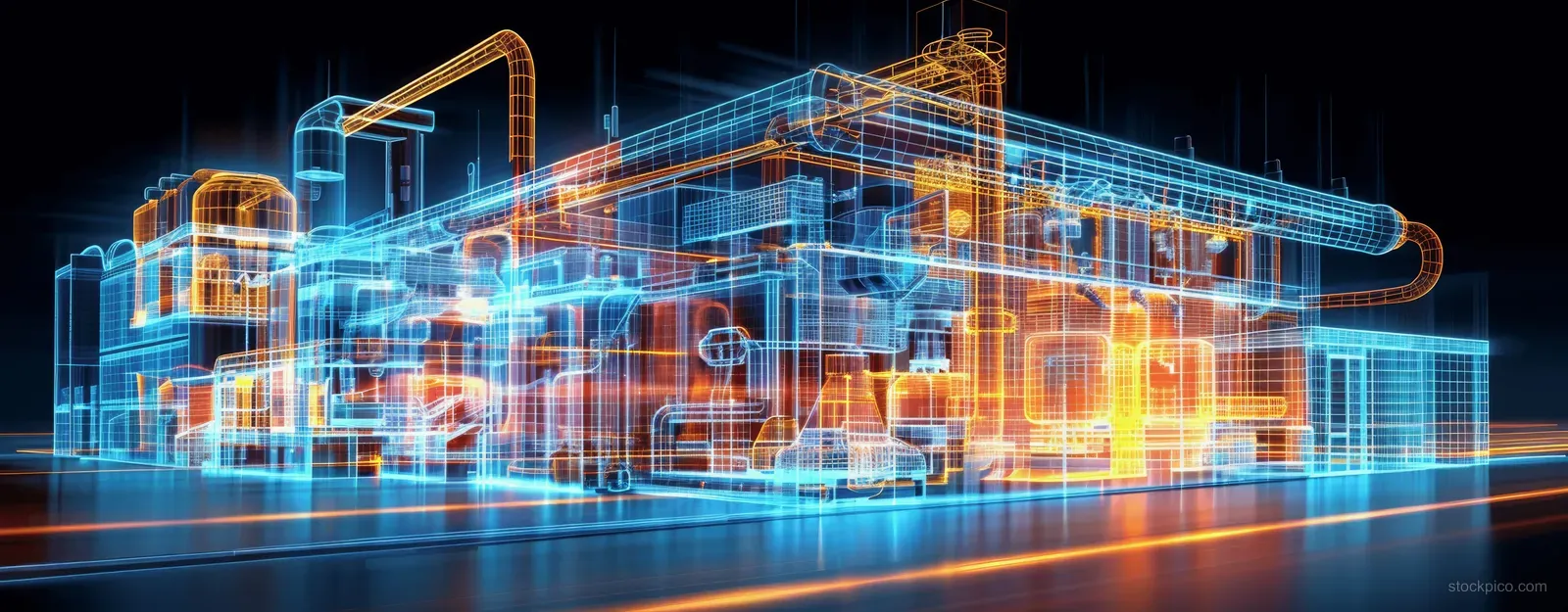 Holographic wireframe blueprint displays an industrial building with glowing piping and machinery connections on a dark background.