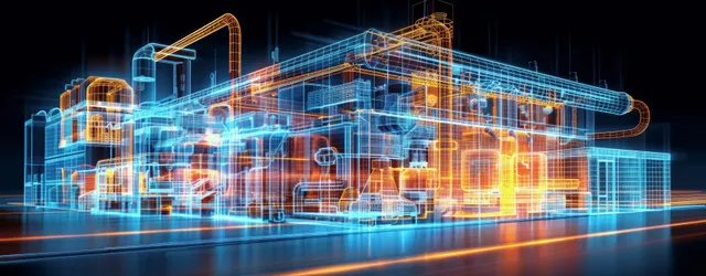 Holographic blueprint of industrial building with glowing piping network and machinery layout