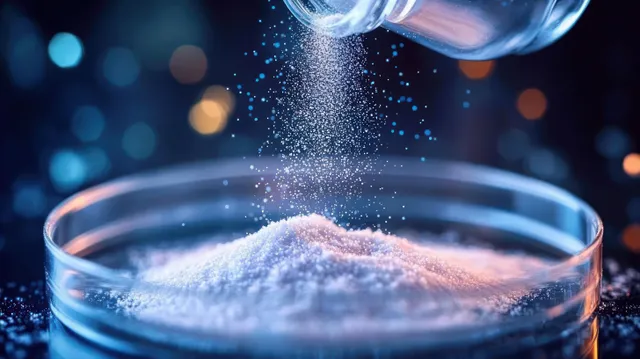 Close-up of white powder pouring into a transparent petri dish under blue and orange lights with Microscopy Scale Particles