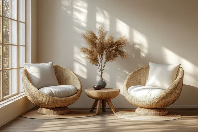 Two woven lounge chairs sit beside a small wooden side table in a sunlit Scandinavian living room corner.