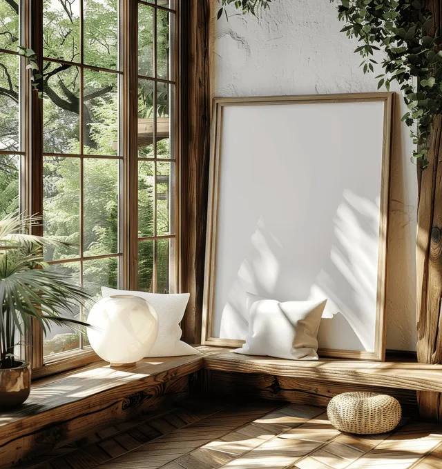 Vertical A4 frame mockup leaning on a wooden window sill beside pillows with greenery visible outside.