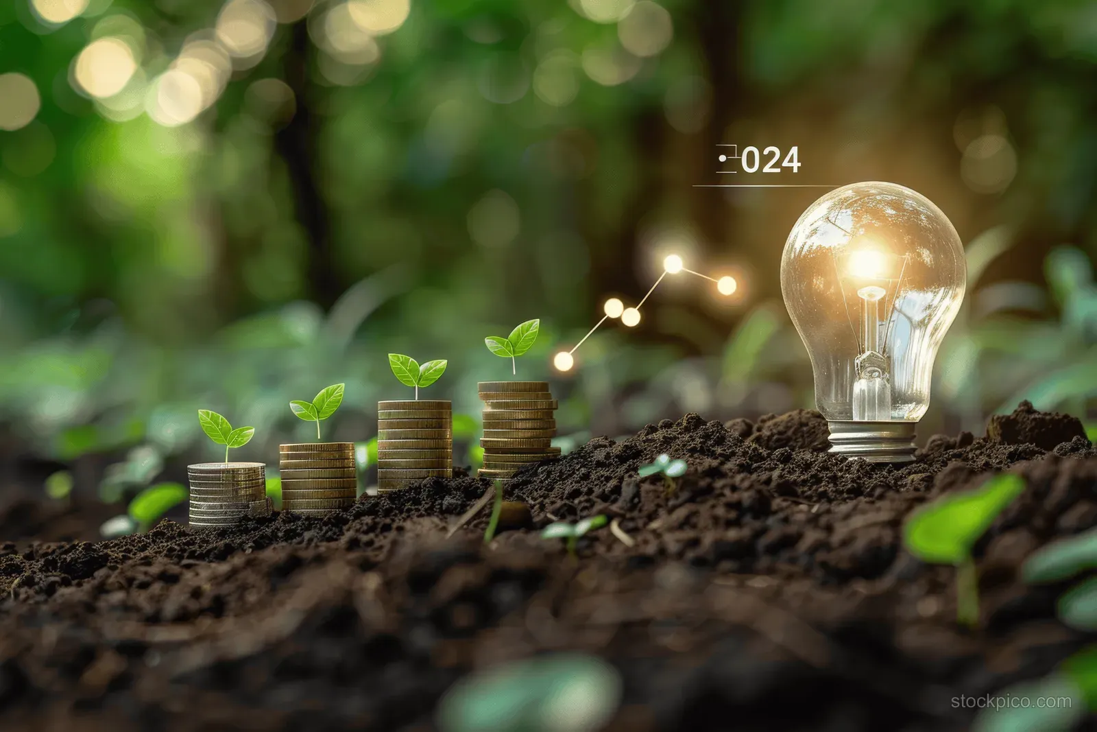 Glowing light bulb above soil with seedlings and upward line icons representing sustainable financial growth.