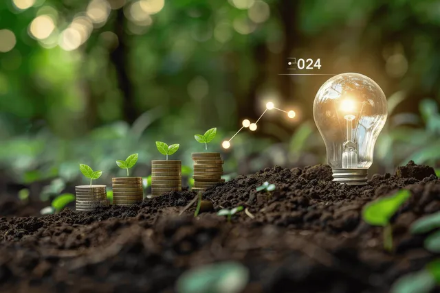 Light bulb and sprouting seedlings on soil with glowing upward chart for sustainable finance planning