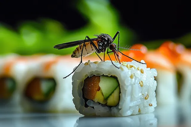 A mosquito perches on a cucumber and avocado sushi roll while blurred sushi and green foliage form the background.