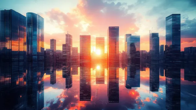 Modern skyscrapers at sunset with bright reflections mirrored in calm water creating a symmetrical cityscape.