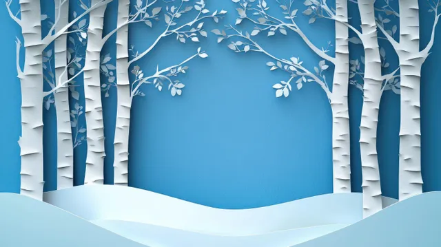 White birch trees stand over smooth snowdrifts with delicate branches against a soft blue winter background.