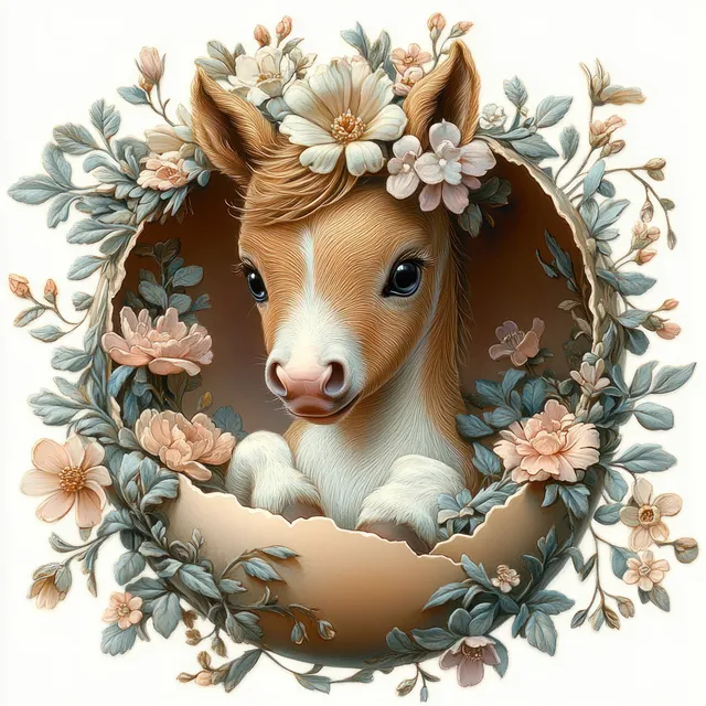 Fawn peeking from a circular floral wreath, soft pastel blossoms and leaves framing its face
