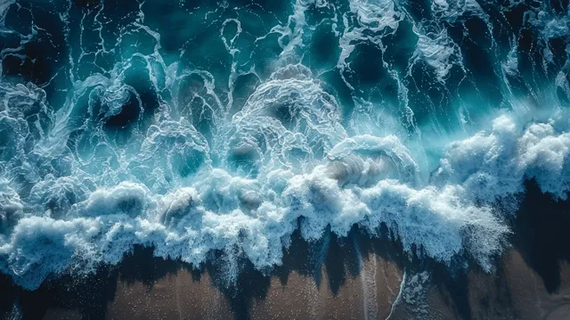 Aerial top view of turquoise ocean waves breaking into white foam ripples across the water surface.