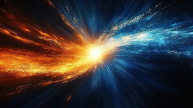 Two opposing orange and blue energy beams collide at a bright center, forming a radiant explosion with streaking motion.