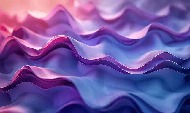 Layered 3D gradient wave forms and wavy curved lines in blue and purple fill the background.