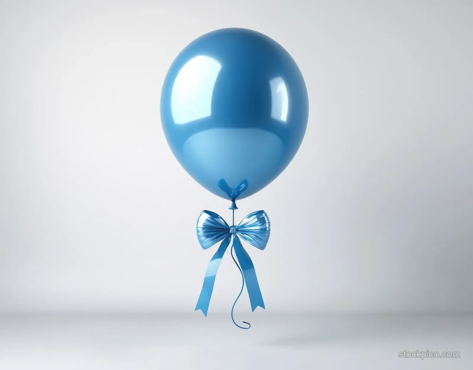 A shiny blue balloon tied with a metallic blue bow floats against a light gray background.