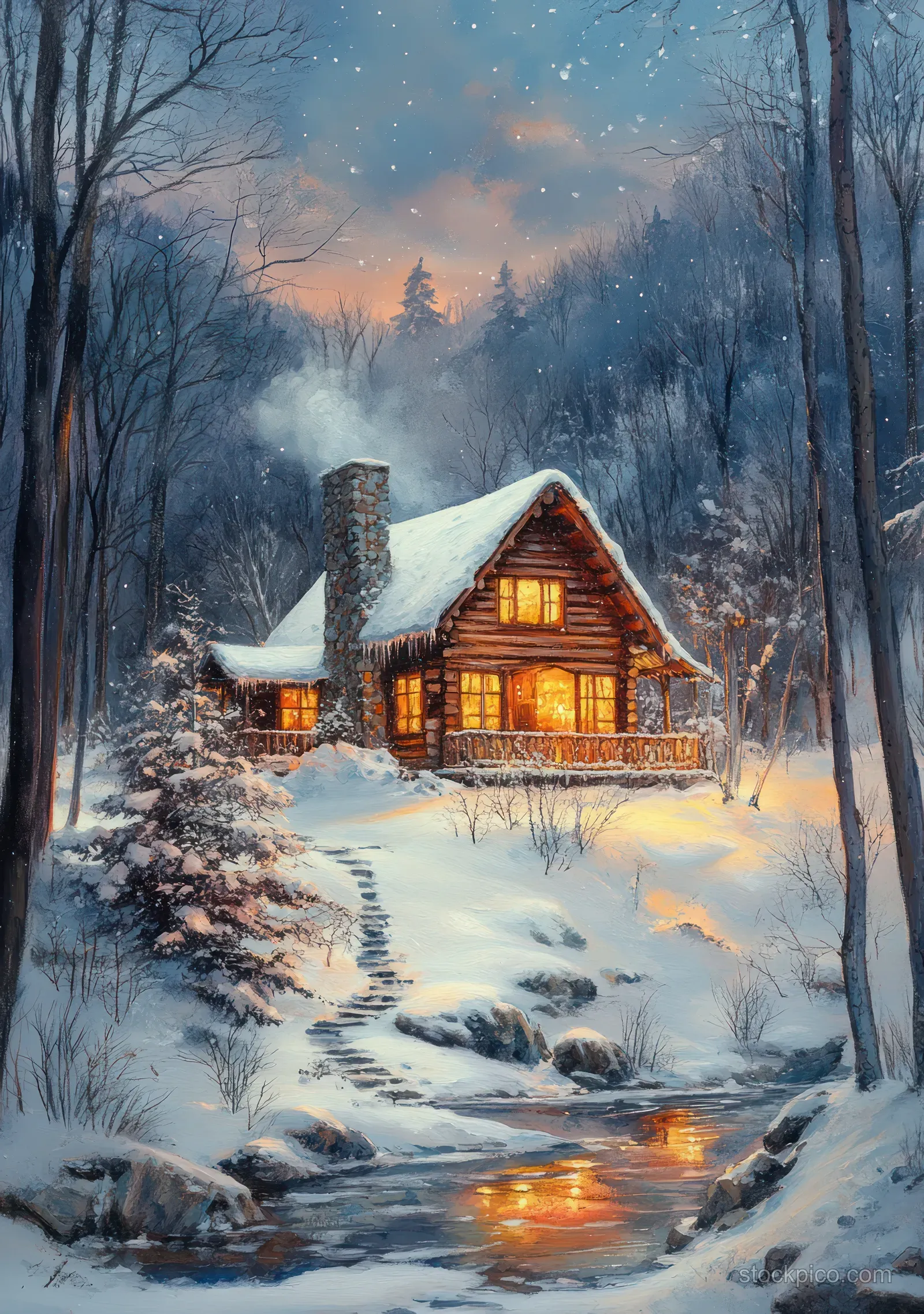 A glowing wooden cabin sits in a snowy forest clearing with a winding path under twilight haze.