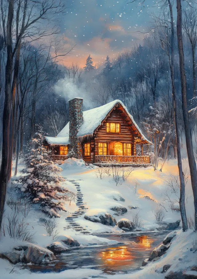 A glowing wooden cabin sits in a snowy forest clearing with a winding path under twilight haze.